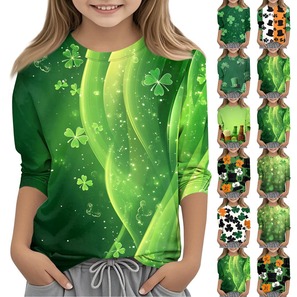 St. Patrick's Day Print Tops For Youth Girls 4-11 Years Round Neck 3/4 Sleeves T-Shirts Trendy Tops Outfit Tees