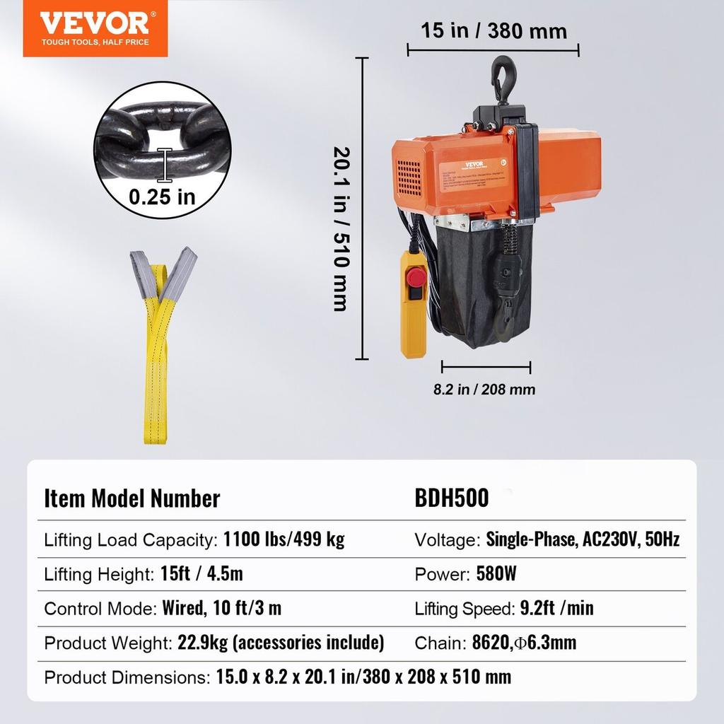 Electric Chain Hoist Single Phase Crane Hoist 1100 Lbs Load 15 Ft Lifting