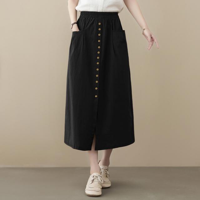 Sommer Elastischer Bund Locker Lässiger Rock Übergröße Damen Einfarbig Midi-Röcke Mode A-Linie Faldas Saia Arbeit Jupe Kaftan