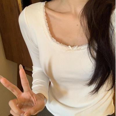 Women's White Lace Long Sleeve Thermal Base Layer Top - 2025 Autumn/Winter Slim Fit T-Shirt
