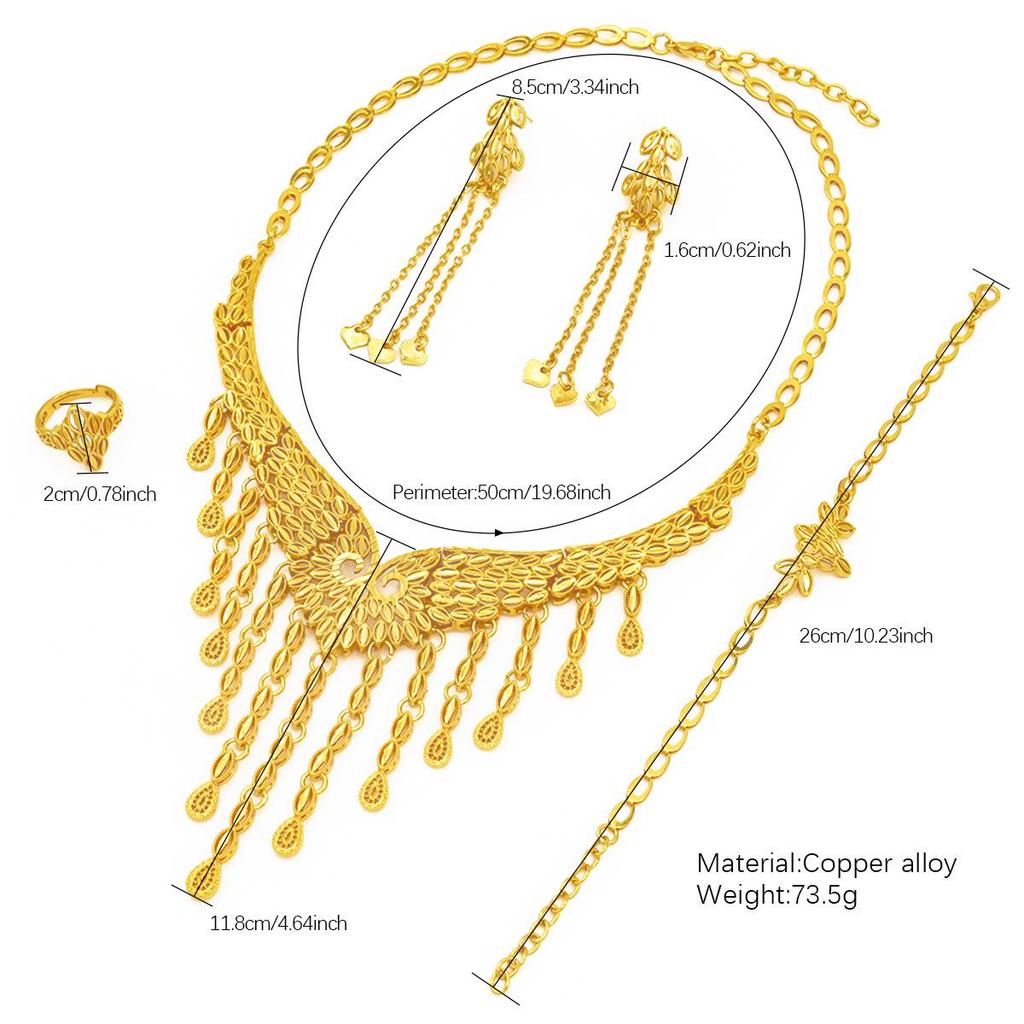 Elegant Arabic Wedding Tassel Necklace Set - 24K Gold-Plated Jewelry, Four-Piece Collection