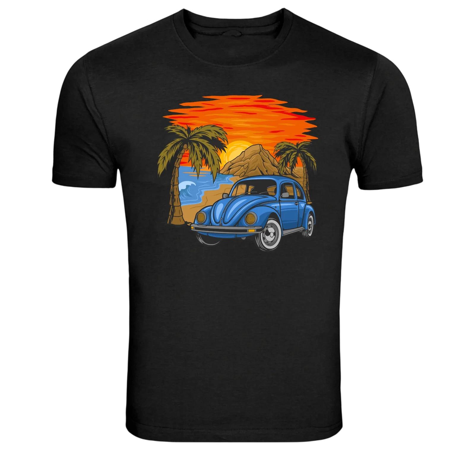 Vintage Beach Car Sunset Palm Trees Graphic T-Shirt XXXL