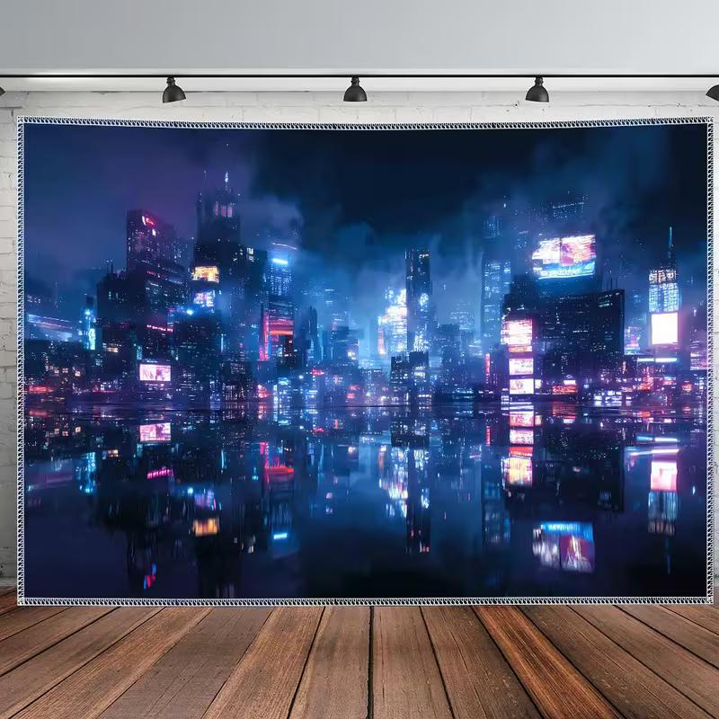 2D Cyberpunk City Night Tapestry, Neon Skyline with Water Reflection Wall Decor 47.2x31.5inch/120*80cm