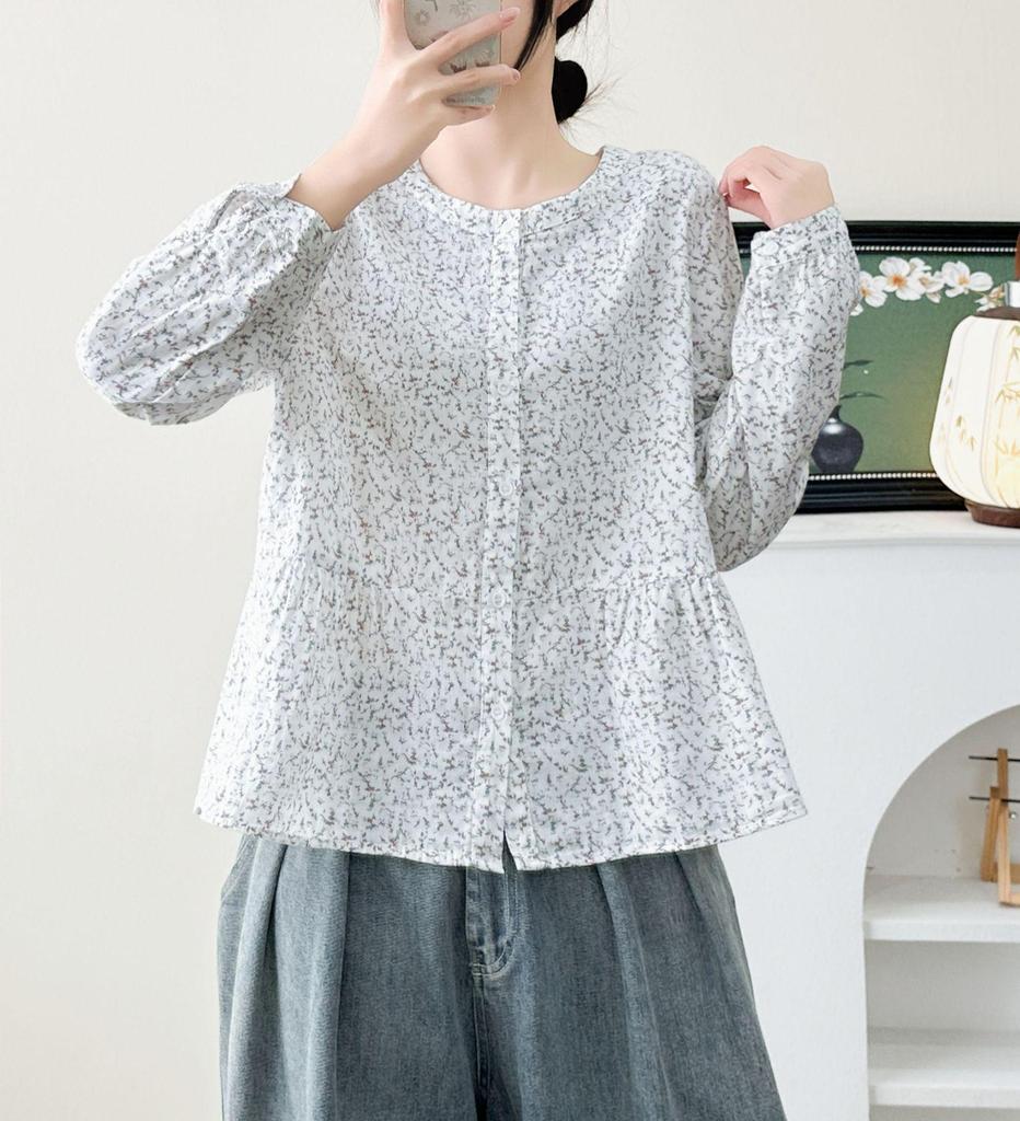 2026 Early Spring Double-Layer Floral Cotton Gauze Women's Long Sleeve Loose Casual Doll Shirt