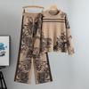 Women's Ink Painting Knit Pullover & Wide-Leg Pants Set - Autumn/Winter Casual Two-Piece