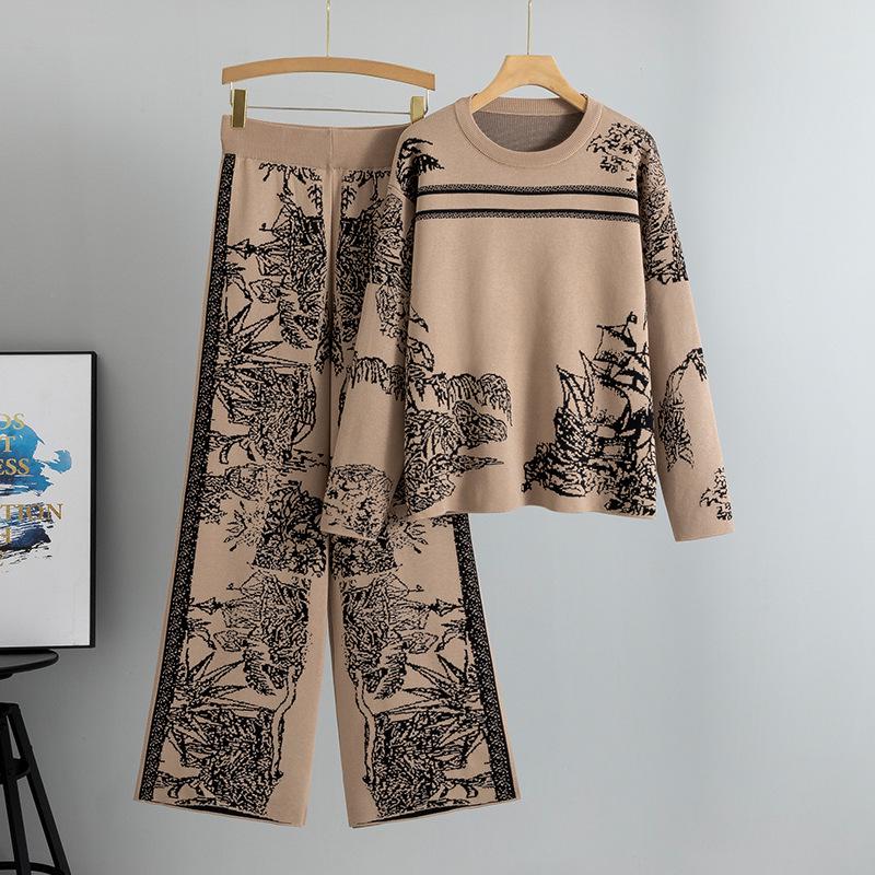 Women's Ink Painting Knit Pullover & Wide-Leg Pants Set - Autumn/Winter Casual Two-Piece