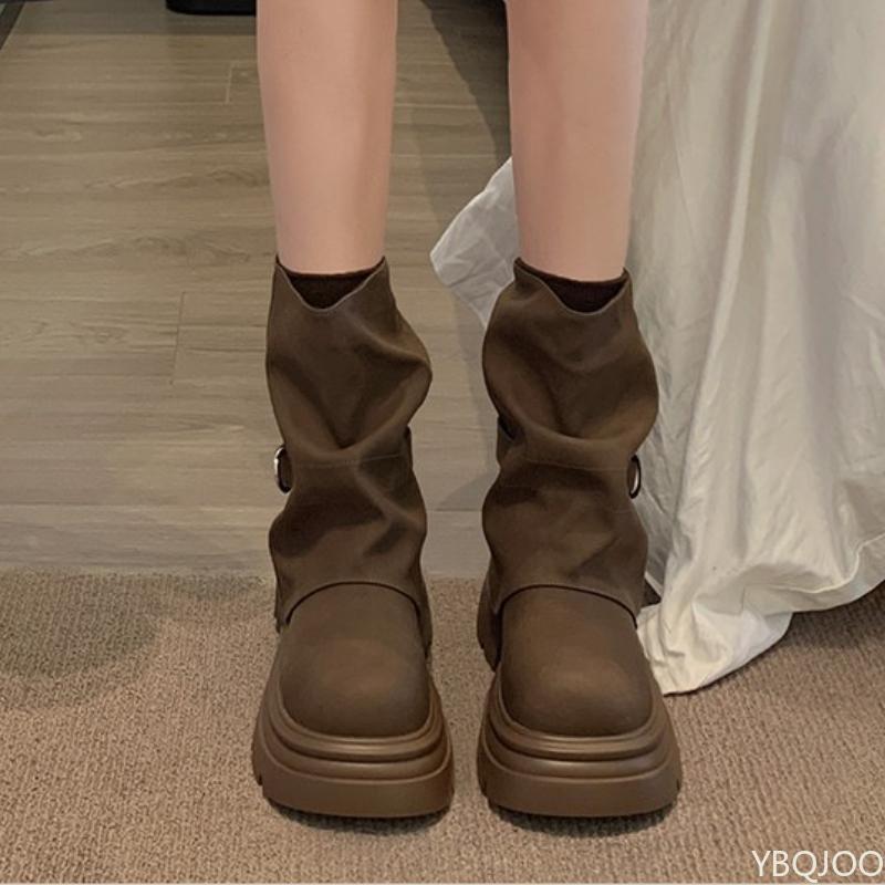 Women's Autumn New Versatile Height Increasing Thick Soled Midsole Boots Simple Comfortable Round Toe Thick Heel Women's Shoes
