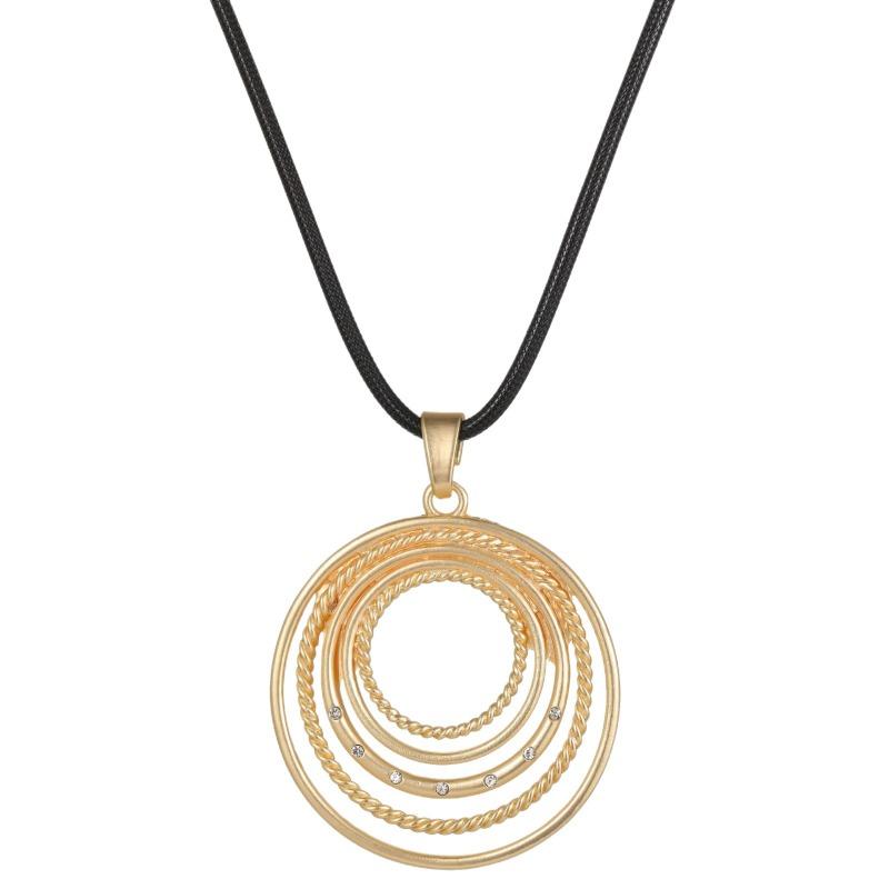 New dumb gold hollow disc leather rope long pendant, women's creative exaggerated geometric ring long necklace