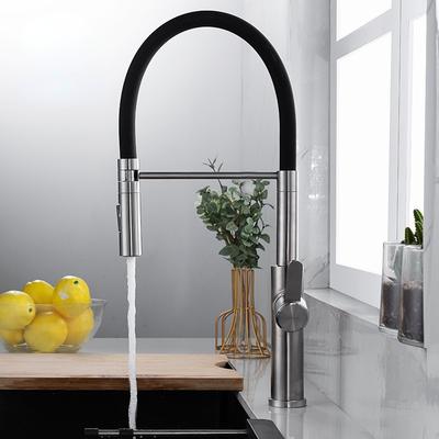 Aço Inoxidável 304 Escovado Torneira de Cozinha Giratória Universal Mangueira Preta Silicone Puxar Quente e Frio Torneira para Tanque Torneira para Pia