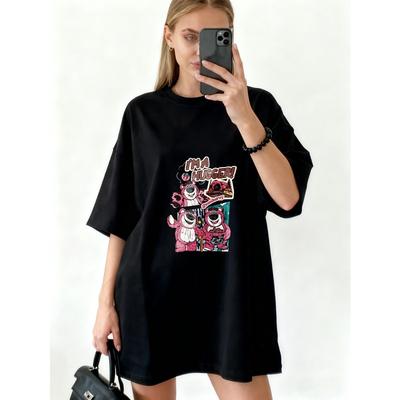 Oversized T Shirt Black Ima Huggers Cartoon Characters And Text Print Casual Streetwear For Women