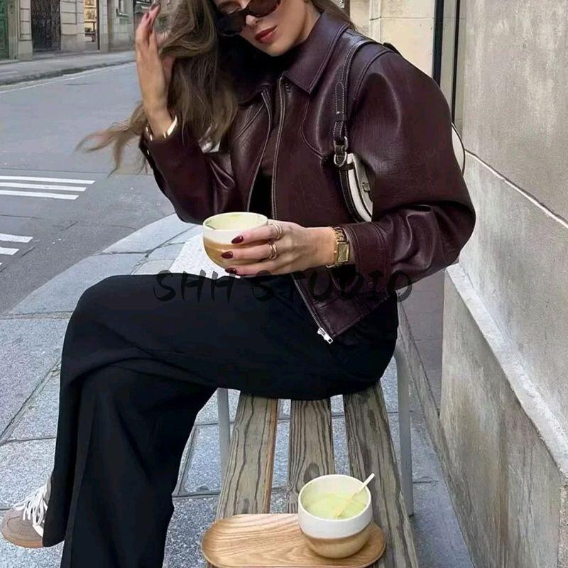 Fall New Women's Clothing American Style Locomotive Style Lapel Long Sleeves Normcore Faux Leather Loose Short Jacket Outwear