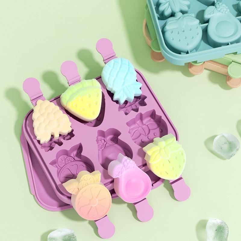 Kids Cartoon Popsicle Molds 6 Cavity Reusable Silicone Easy Release Fruit Shaped Ice Cream Maker