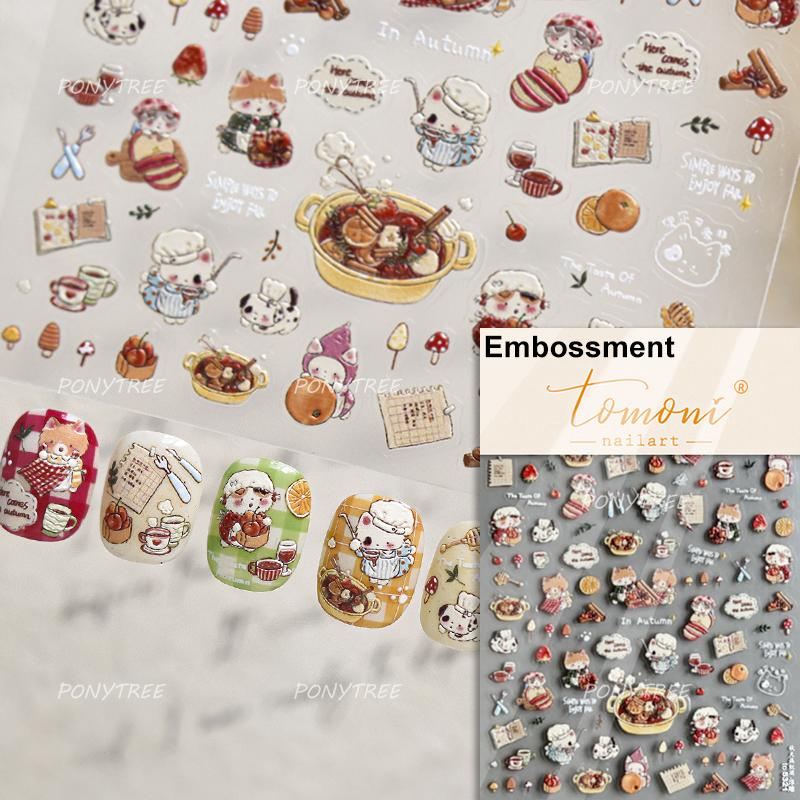 Cartoon Cute Bear Pudding Pretzel Bread Croissant Cookies Shiny 3D Self Adhesive Nail Art Stickers Bakery Lovely Manicure Decals