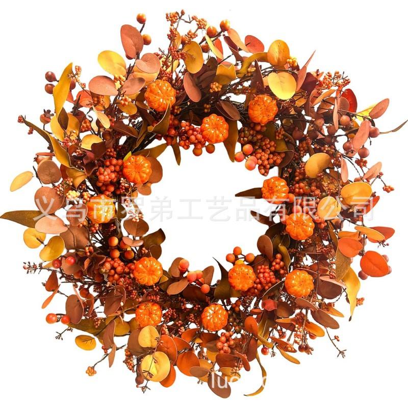 Harvest Wreath With Pumpkins Berries Vine Circle Halloween Thanksgiving Door Decor
