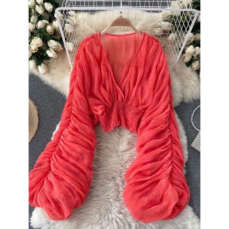 

Wrinkled Slim Fit Short Long Sleeved Shirt Ruched Silm Short Shirt for Women Red All yards