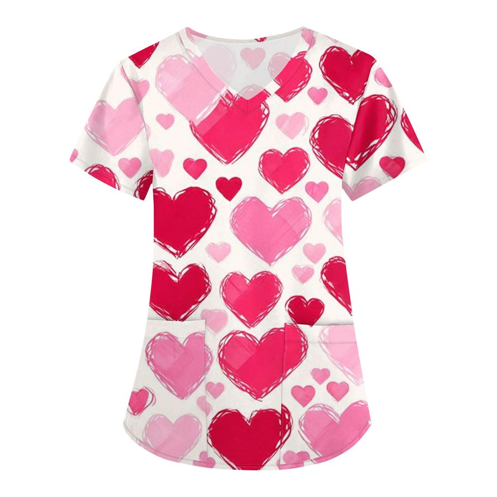 Women's Valentine's Day Print Loose V-neck Pocket Short-sleeved Caregiver Uniform/ Uniform