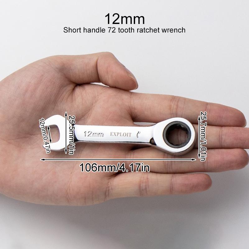 1Pc Metric Open End Wrench with Tight Spaces Gear Repair Hand Tools Steel Stubby Ratcheting Wrench Spanners 72-Tooth Car Repair
