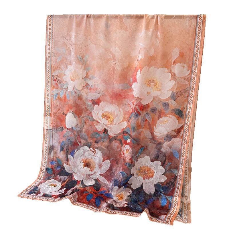Literary Style Printing Flower Cutting Spring And Summer Silk Scarf Large Long Scarf High Sense Travel Shawl Sun Protection Women'S Scarf Headscarf