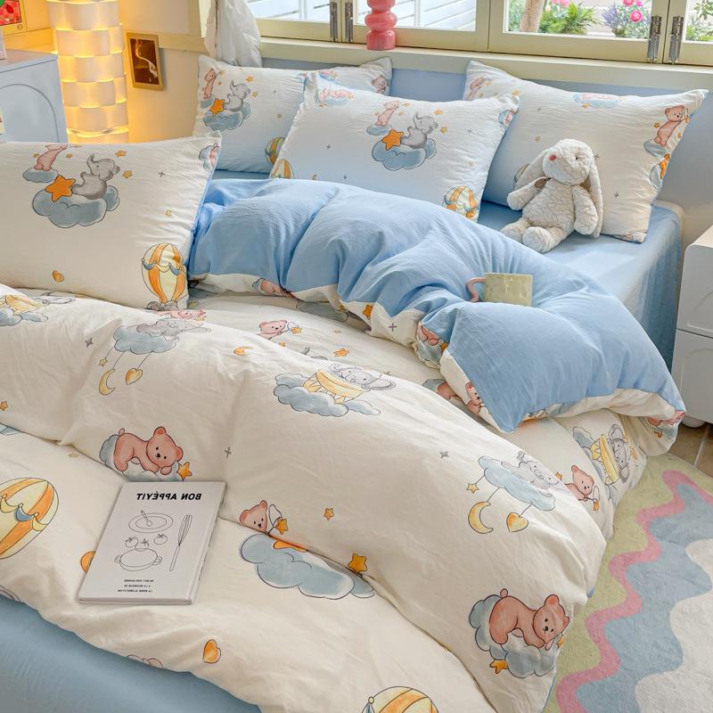 Class A Maternal And Infant Grade Washed Cotton Four-Piece Set Cotton Cartoon Small Fresh Pure Cotton Mattress Quilt Cover 3Pcs Set
