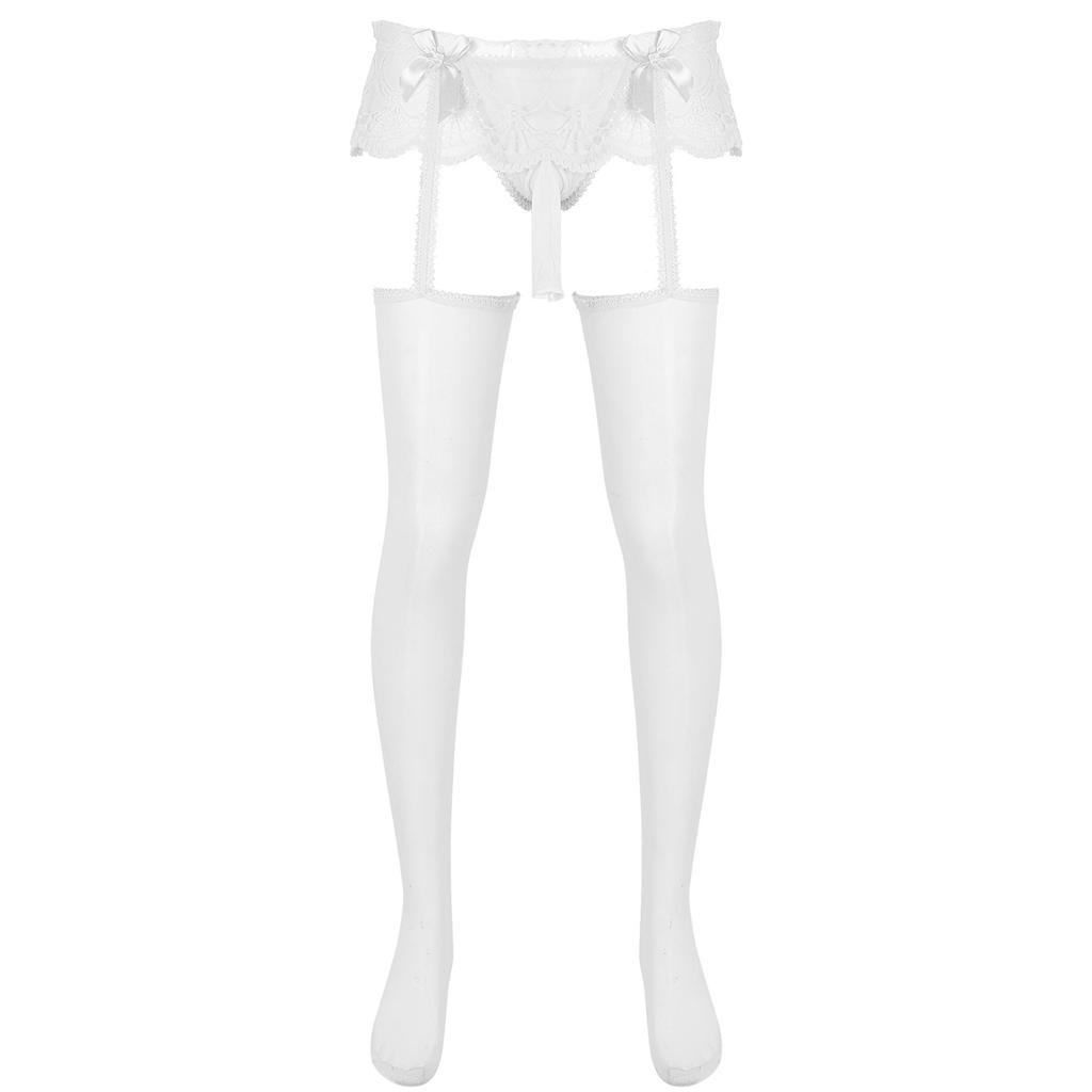 Mens Exotic Sheer Lace Briefs with Stocks Cutout Pantyhose Bulge Pouch G-Strings Glossy Garters Leggings Sissy Nightwears Party