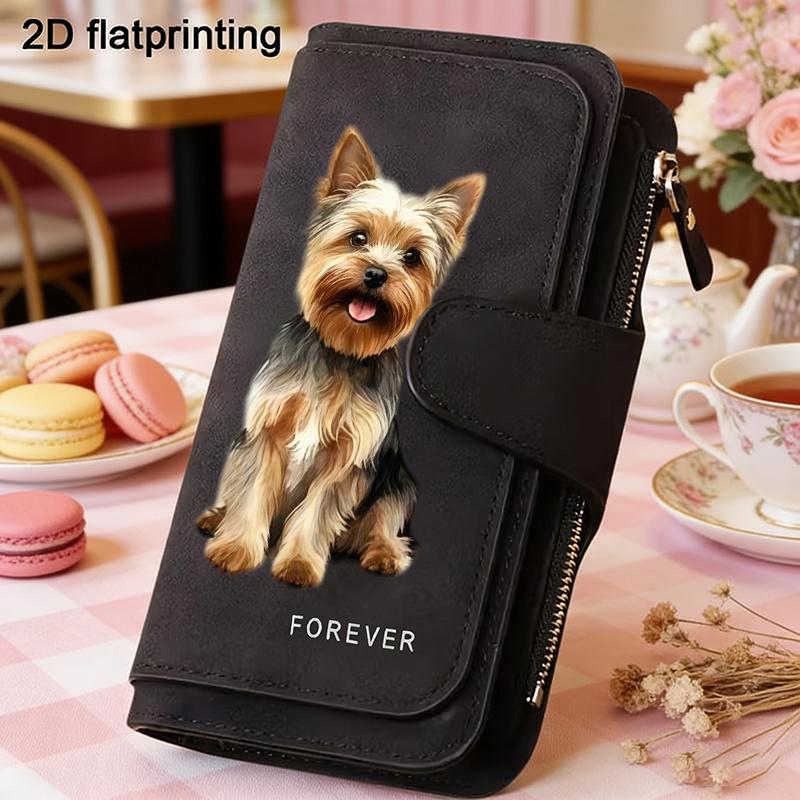 Women's PU Leather Long Wallet with Dog Print, Snap Button Closure, Multiple Pockets