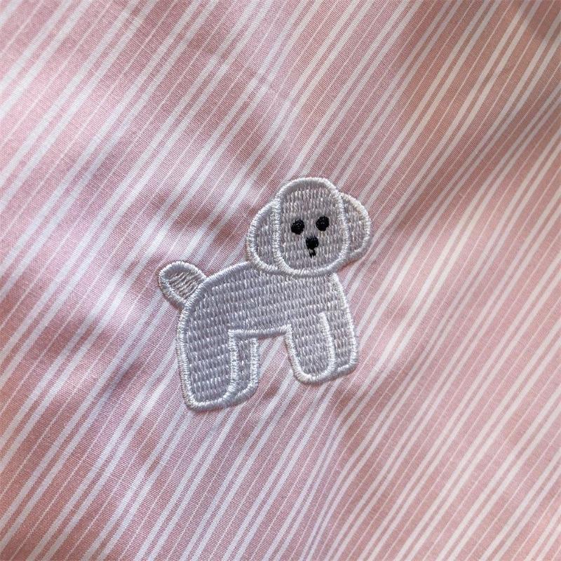 Dog Embroidered Striped Shirt for Female Pink Summer Short Sleeved Lapel Tops Japanese Chic Loose Single Breasted Shirts