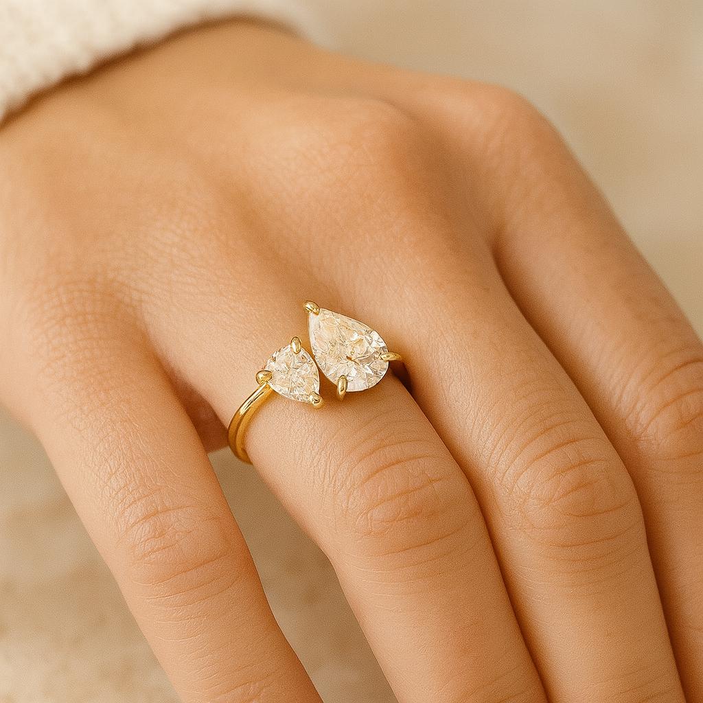Two Stone Pear Cut Ring, Yellow Gold Plated 925 Sterling Silver, Bypass Engagement Jewelry, Anniversary Gift for Her