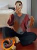 Vintage Contrast Rhomboid V-Neck Sweater Top