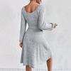 Autumn And Winter Square Neck Waist Large Hem Solid Colour Fashion Pit Stripe Long Sleeve Dresses