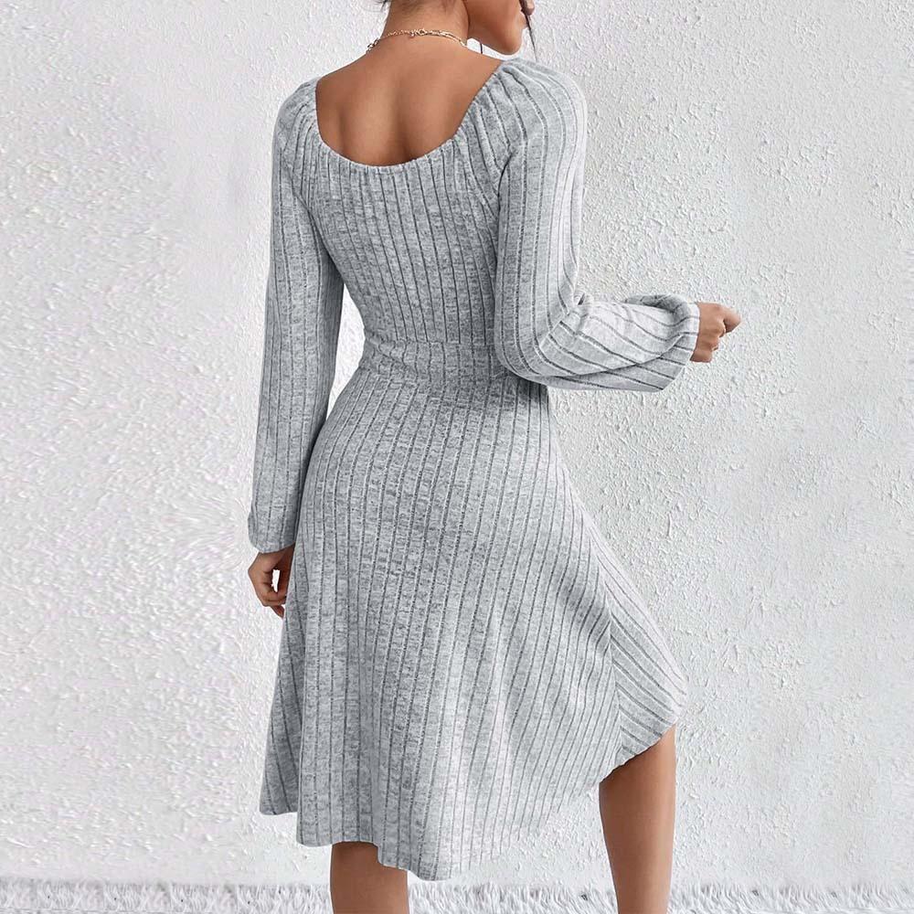 Autumn And Winter Square Neck Waist Large Hem Solid Colour Fashion Pit Stripe Long Sleeve Dresses