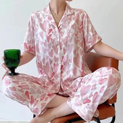 Pajamas Satin Silk Spring Summer Short Sleeves Long Pants Love Heart Thin Sleepwear Women Cool Pijamas Womens Pyjamas