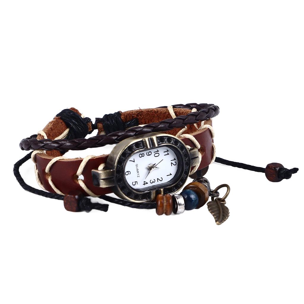 Vintage Wrap Bead Watch Woven Wrap Bead Leaf Bracelet Fashionable Quartz Wrist Watch for Men Women