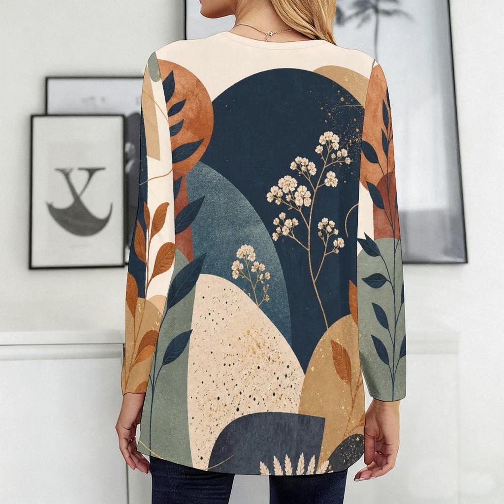 Women Plus Size Round Neck Long Sleeve Blue White Beige Printed Loose Longline T Shirt With Pockets