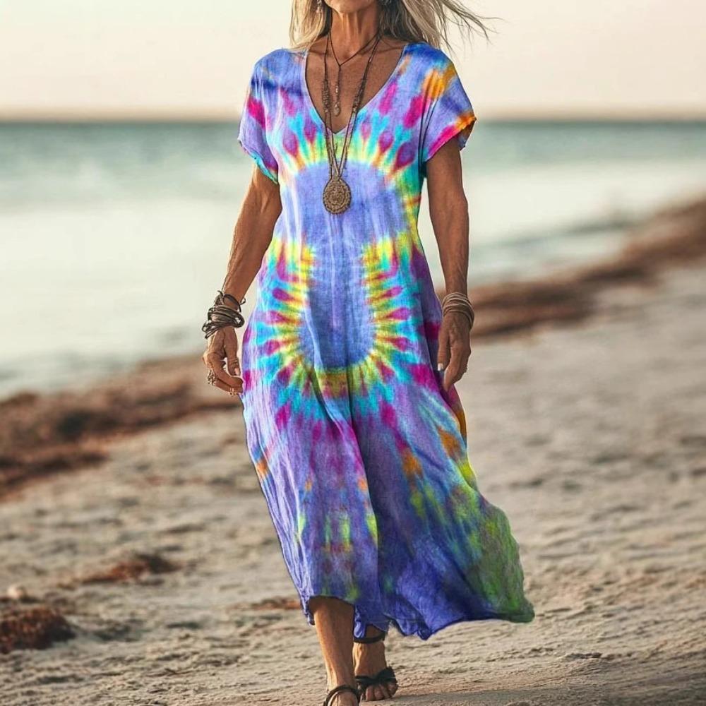 

Summer Women s Dress Short-sleeved Retro Shuttle Printed V-neck Casual Fashion Beach Long Skirt 1XL