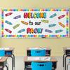 63Pcs Classroom Bulletin Board Decorations Set - Welcome to Our Pack Crayon Cutouts with Border Trims for School Classroom Door Home Wall Decorations