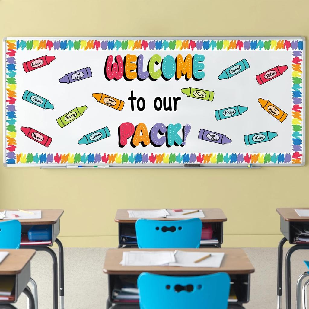 63Pcs Classroom Bulletin Board Decorations Set - Welcome to Our Pack Crayon Cutouts with Border Trims for School Classroom Door Home Wall Decorations
