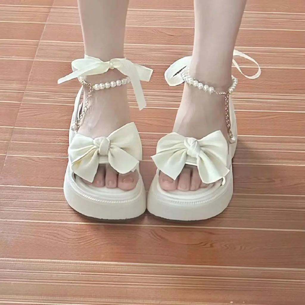 Fashion Comfort Shoes for Women Pearl Sandals Suit Female Beige Increasing Height Block Heels All-Match Black Bow 2024 Fashion Chunky Gi