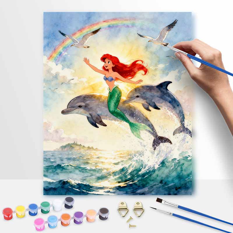 Disney Digital Oil Painting Diy Oil Painting Mermaid Dolphin Ocean Rainbow Hand Painting Living Room Bedroom Decoration Painting