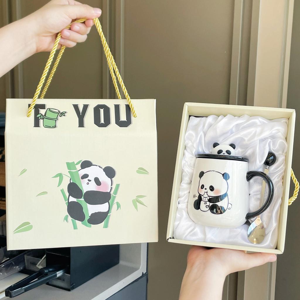 Becher mit Deckel und Löffel, neue Panda-Tasse, Souvenir-Keramikbecher, Kaffeetasse