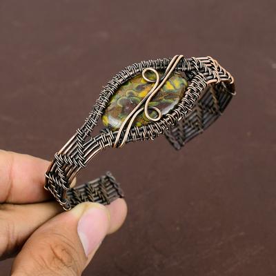 Natural Stichtite Gemstone Handmade Copper Wire Wrap Bangle Adjustable w0C64