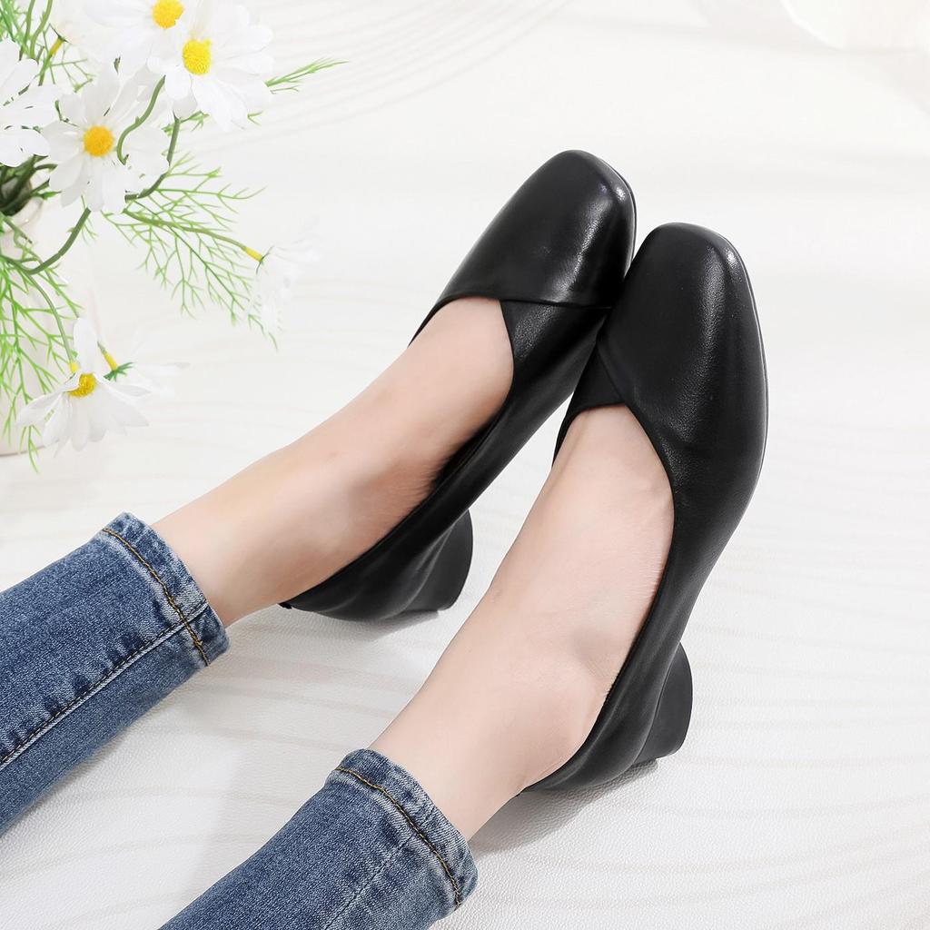 Women's Genuine Leather Formal Low-Heel Square-Toe Shoes, Soft Sole & Surface, Versatile for Work