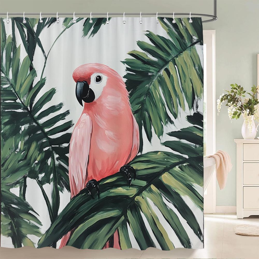 Tropical Plants, Flowers and Birds Shower Curtain, Bathroom Decorative Shower Curtain, Print Polyester Fabric Curtain with Hooks