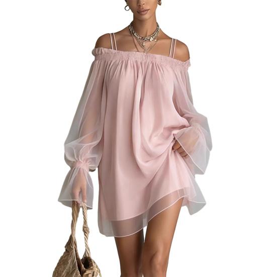 Women Off Shoulder Mini Ruffle Sheer Mesh Dress Long Sleeve Loose Short Dress S розовый