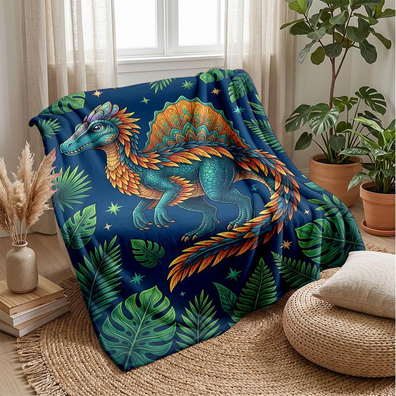 Vibrant Dinosaur Illustration Theme Blanket Lightweight Warm Flannel Blanket Decorative Throw Blanket for Home Decoration