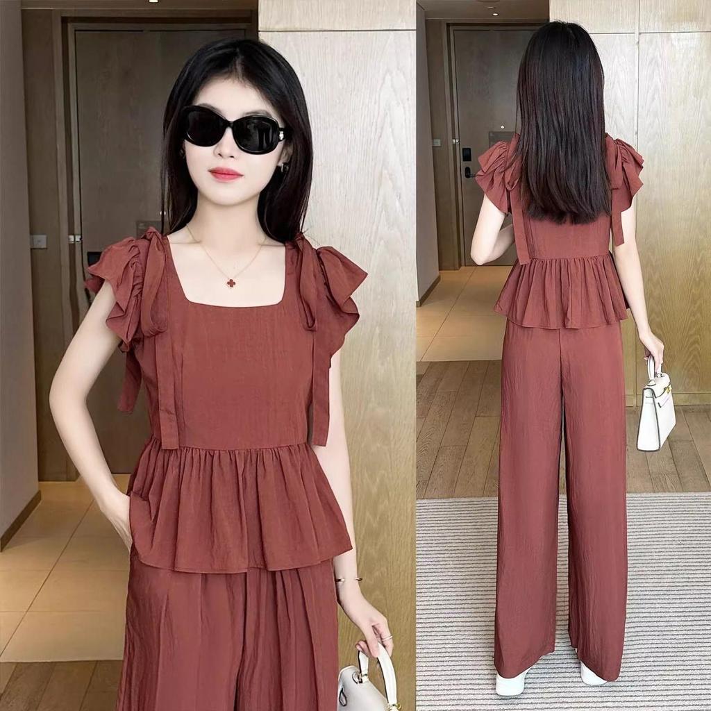 2024 Plus Size Ice Silk Women’s Stylish Summer Two-Piece Set with Wide-Leg Pants