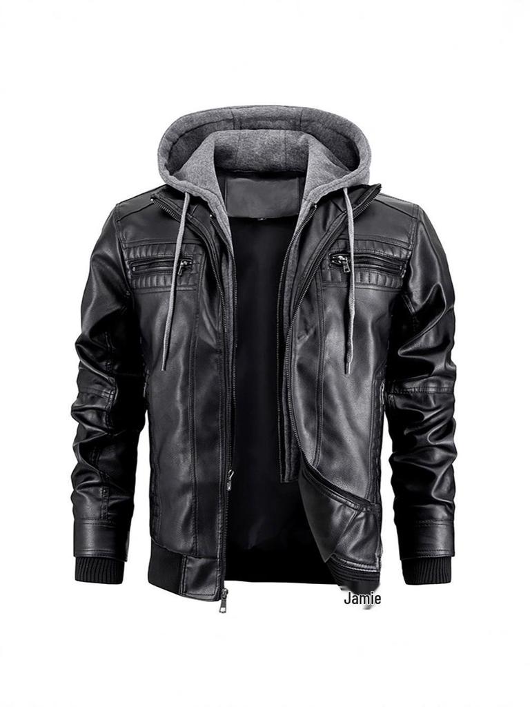 Men's PU Leather Hooded Jacket - European & American Style, Autumn/Winter Motorcycle Design