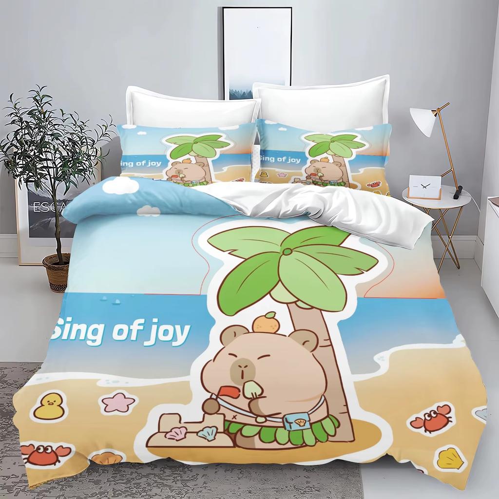 Cartoon Capybara 3D Printed Bedding Set Children's Duvet Cover Pillow Case Set Anime 100_ Polyester Cute Cartoon Home Decoration