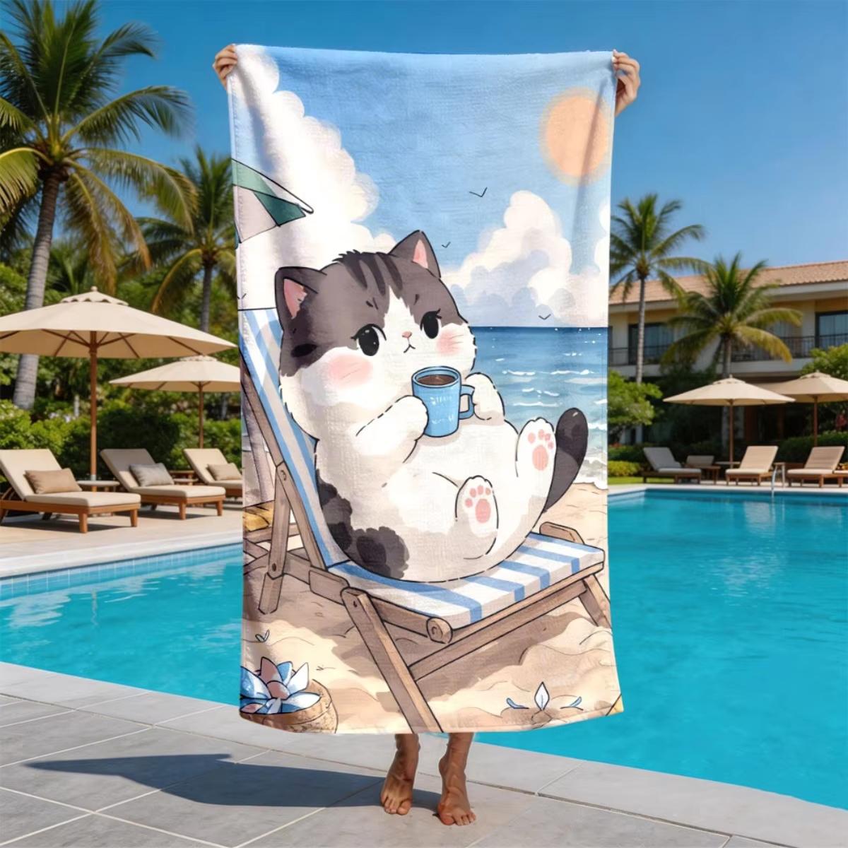 Cute Cat Beach Towel Flat Print Kawaii Kitten Coffee Soft Microfiber Quick Dry Bath Towel for Kids Girls Summer Travel Gift 40X60CM