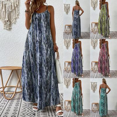 Damen Bedrucktes Spaghettiträger Maxikleid Lässig Locker Sommer Lang Strandkleid