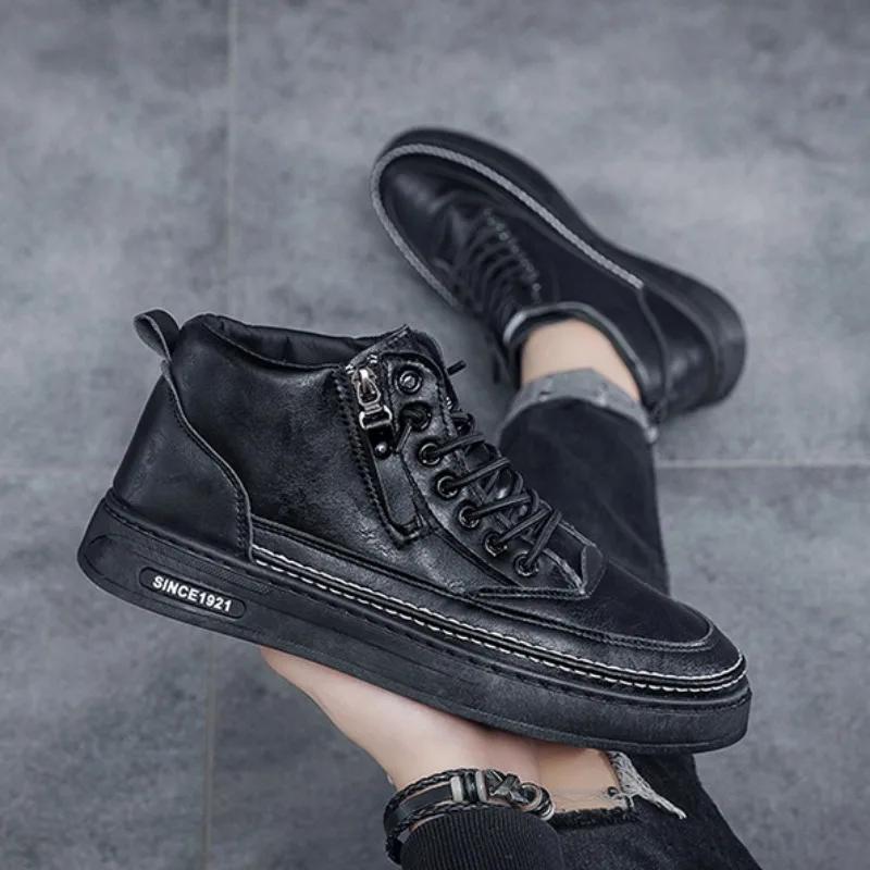 Fashion Men Leather Casual Shoes 2024 Spring High Top Platform Leather Boots Short Lace Up Fur Warm Ankle Boots Men Tooling Shoes Botas